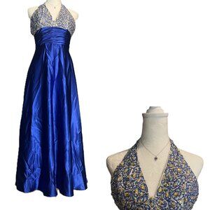 Royal Blue Y2K Beaded Halter Prom Gown Formal Dress Size 6